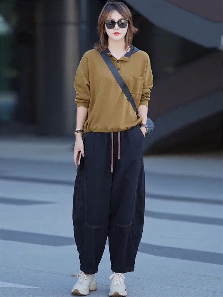 潮牌女2025春秋季新款百搭时尚套装连帽纽扣卫衣休闲哈伦裤两件套