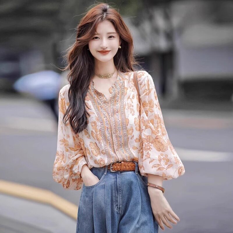 潮牌2025春秋长袖碎花衬衫女法式洋气高级感宽松时尚雪纺上衣小衫