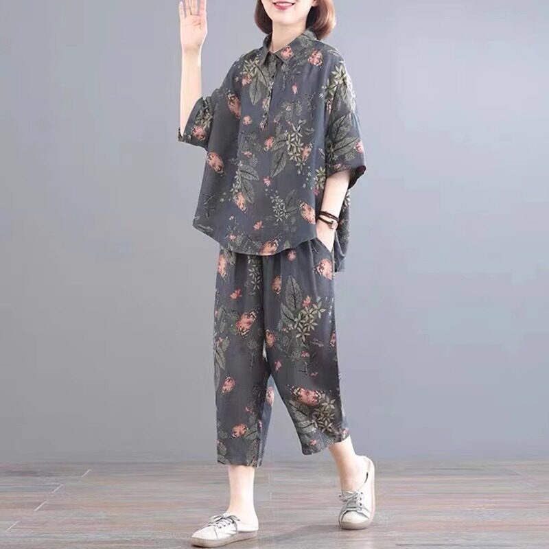 潮牌中年妈妈棉麻亚麻高端短袖套装女夏季大码胖mm时尚洋气两件套