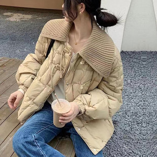 潮牌针织大翻领盘扣轻薄羽绒服女2025冬季短款欧货时尚白鸭绒外套