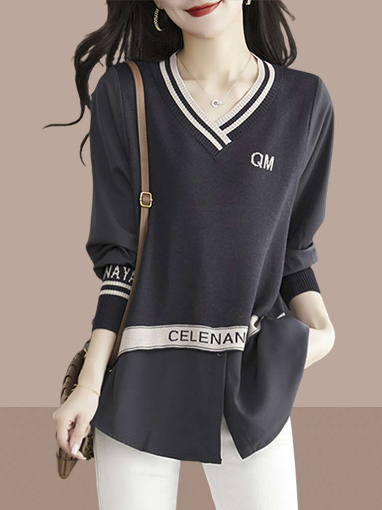 潮牌洋气漂亮上衣女2025年春秋新款假两件设计感小众长袖T恤小衫