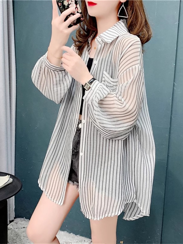 2025夏季时尚品牌薄透气冰丝防晒服女式长袖衬衫大尺寸宽松雪纺开