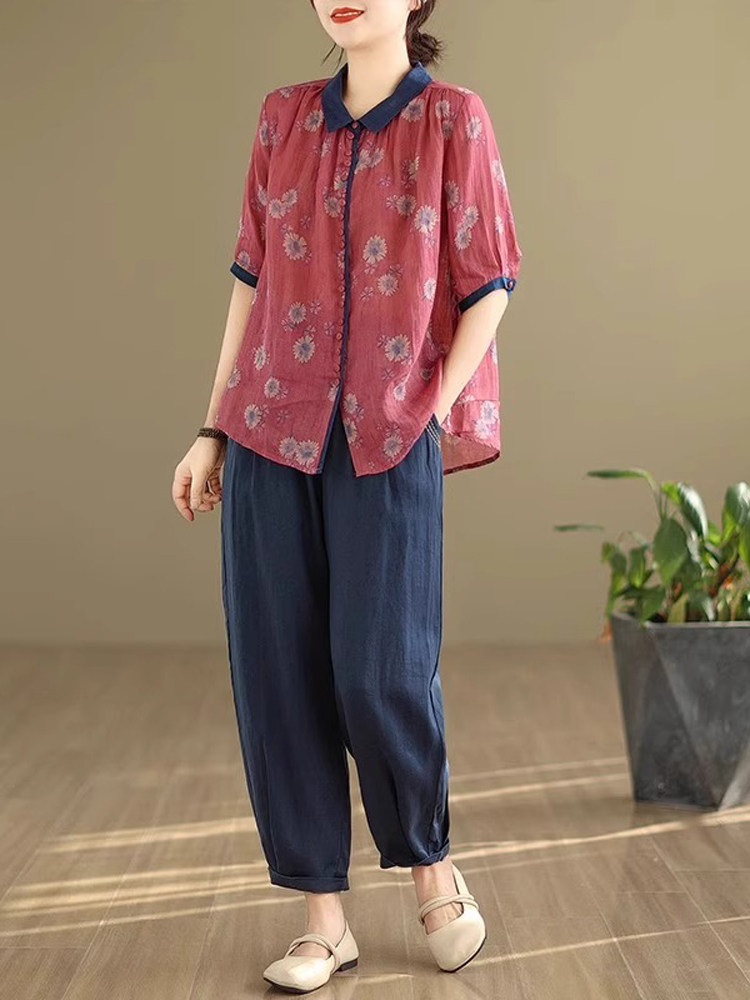 潮牌中年妈妈棉麻苎麻套装女士夏季韩版大码覆古民族风衬衫两件套