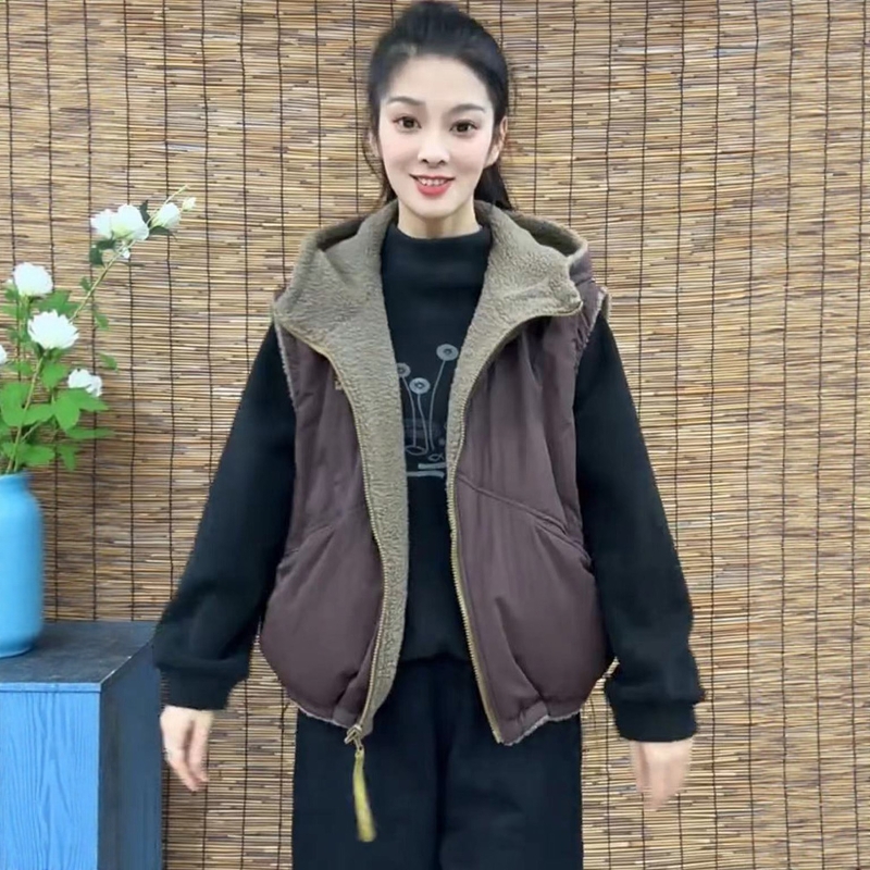 两面穿连帽棉马甲女2025年秋冬颗粒绒显瘦无袖坎肩背心外套马夹潮