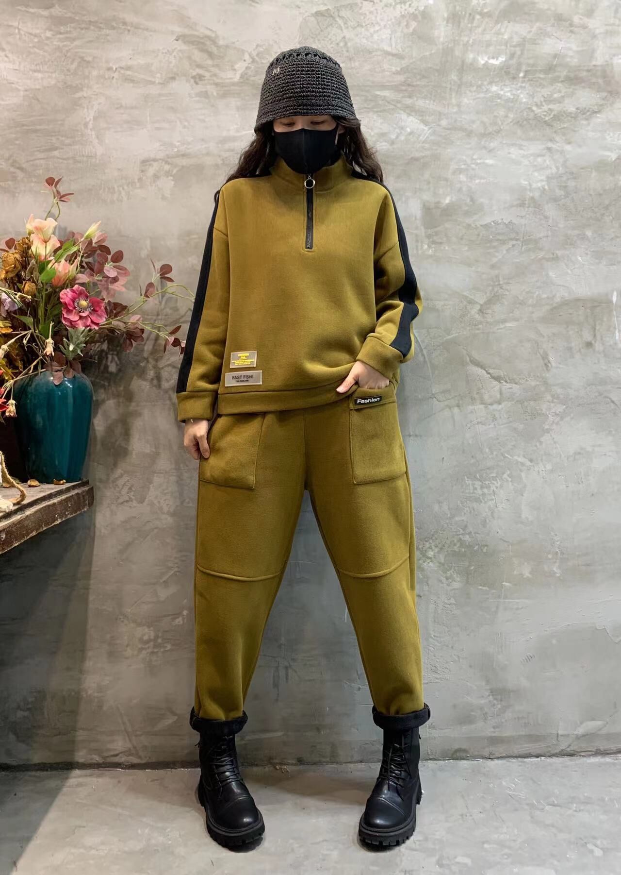 加绒加厚休闲运动套装女冬季2021新款减龄拉链卫衣 哈伦裤两件套