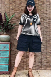 新款 T恤 2023夏季 条纹字母印花短袖 女 水洗棉大口袋短裤 潮两件套装