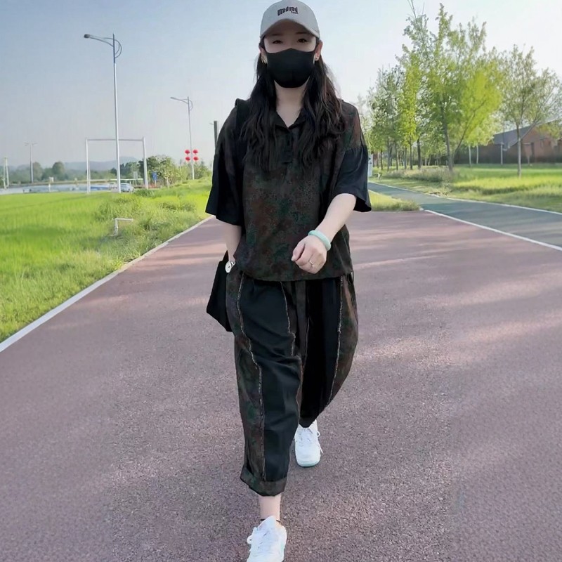 两件套装女2025你啊夏季新款印花连帽短袖上衣+八分薄款哈伦裤潮