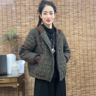 2025年冬季新款韩版大码印花菱形格复古连帽女士休闲棉衣棉服