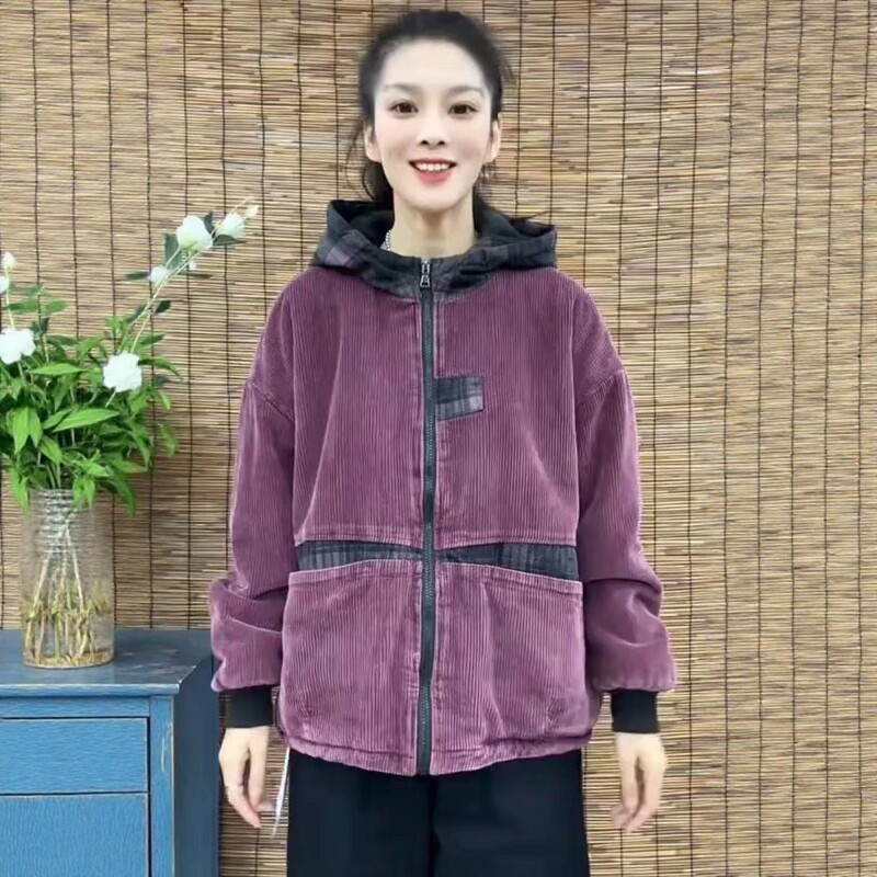2025年冬季新款复古灯芯绒加绒加厚连帽棉服女宽松百搭减龄外套潮