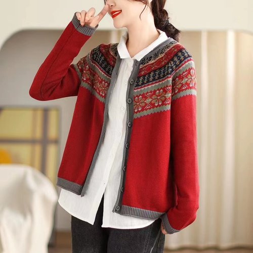 梦伊甸针织单排扣开衫拼色