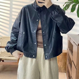 宽松时尚 韩版 圆领洋气单排扣拼接PU皮衣夹克上衣潮 新款 外套女秋装