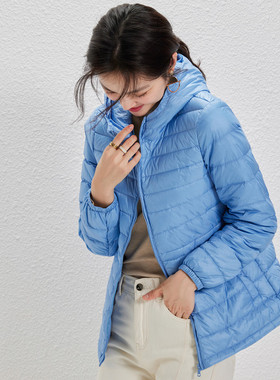 轻薄羽绒服女短款修身时尚轻便连帽保暖白鸭绒便携式抽绳收腰外套