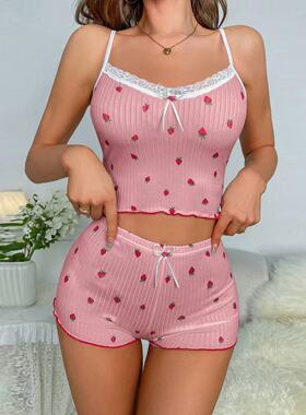 欧美吊带短裤家居服睡衣套装女 homewear pajamas set women