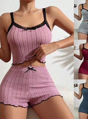 欧美蕾丝边吊带短裤家居服睡衣套装女 Homewear Pajamas Set