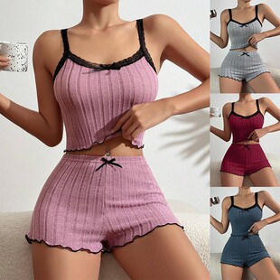 欧美蕾丝边吊带短裤家居服睡衣套装女 Homewear Pajamas Set