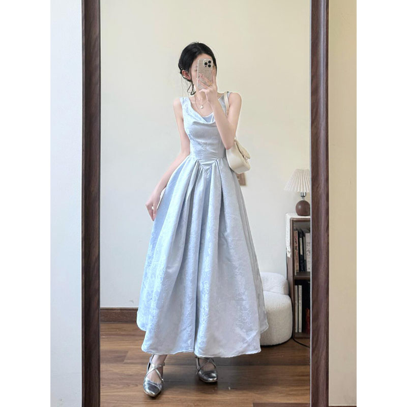 法式复古吊带连衣裙女2025新款荡领高级感气质提花公主礼服长裙子