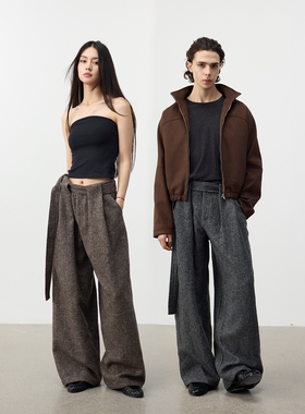 Set for life 25FW 羊毛混纺雪花彩纱肌理打褶系带高腰西裤