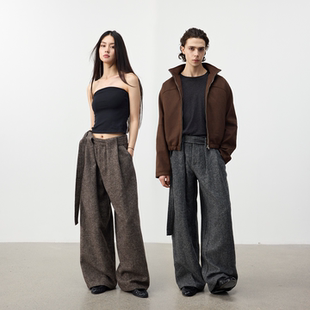 Set for life 25FW 羊毛混纺雪花彩纱肌理打褶系带高腰西裤