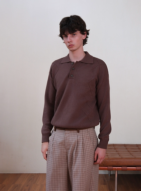 Set for life 25FW 复古水洗POLO领菱格花纱毛衣