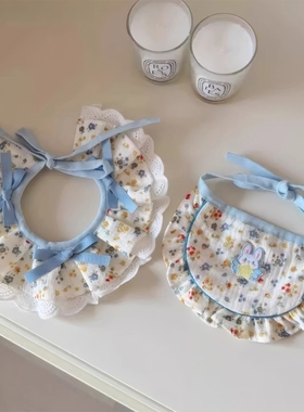狗狗口水兜蓝色小碎花蝴蝶结饰品雪纳瑞拍照专用吃饭高颜值口水巾