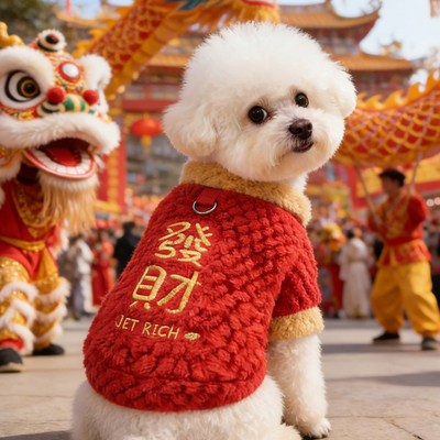 狗狗新年衣服2026新款冬小狗比熊可牵引红色发财加绒棉衣喜庆拜年