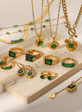 欧美时尚复古风绿色锆石系列项链耳环手链戒指气质女士不锈钢饰品