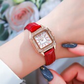 诗高迪新款 女士手表女ins方形红色皮带 防水韩版 时尚 镶钻潮流个性