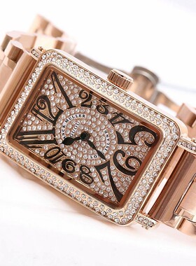 香港古欧精美满钻复古数字女韩版石英时尚百搭方形不锈钢表带腕表