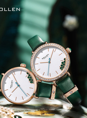 SOLLEN梭伦女士进口机芯手表女ins防水复古风圆盘气质孔雀小绿表