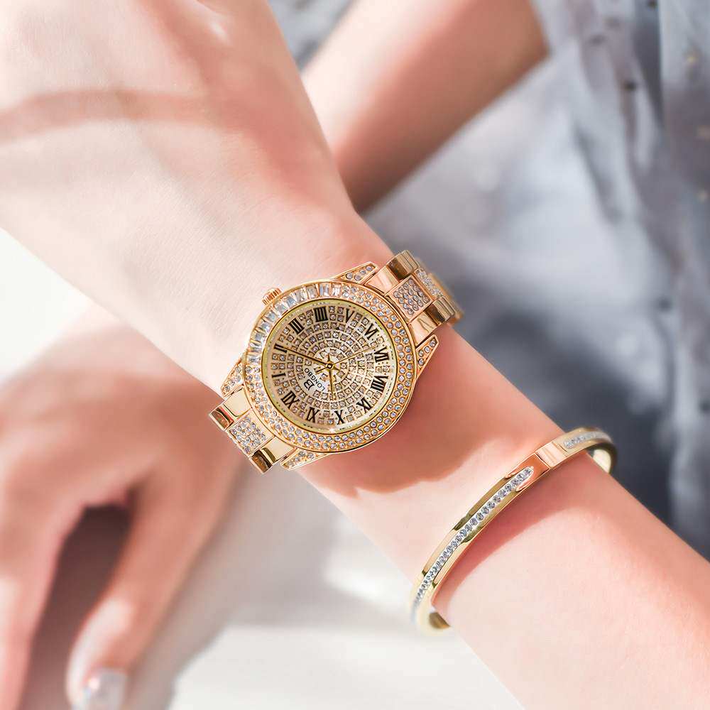 龙波进口机芯新款镶钻满天星女士钢带轻奢防水石英时尚潮流手表