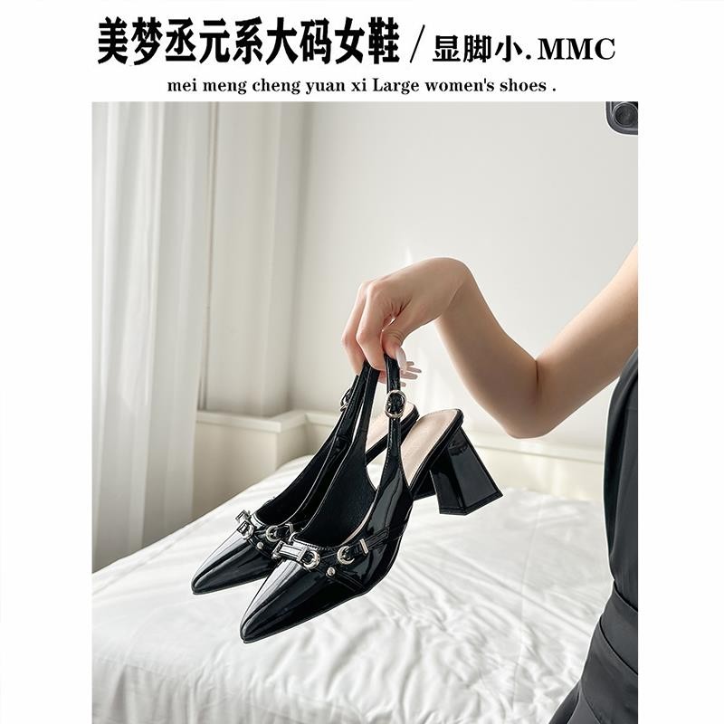 尖头粗跟后空凉鞋法式仙女风高跟鞋一字带皮带扣单鞋胖脚宽脚女鞋