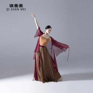 古典舞练功服装身韵飘逸纱衣表演出服酒红色穿搭外纱开叉裤舞蹈服