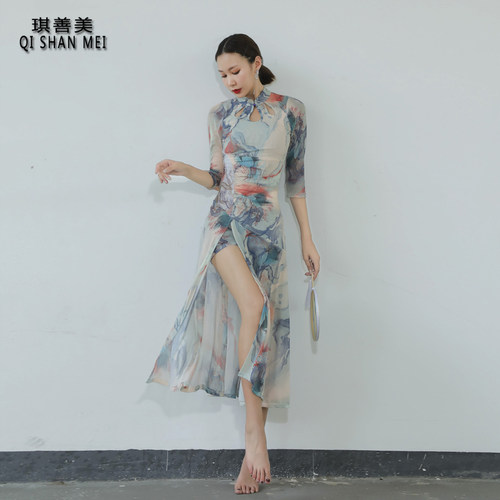 新款古典舞舞蹈服开叉包臀连衣裙修身纱衣立领改良旗袍多情种长款