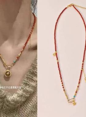 吸钱星配链古法南红吸金星万能扣配链女可拆卸黄金吊坠挂绳毛衣链