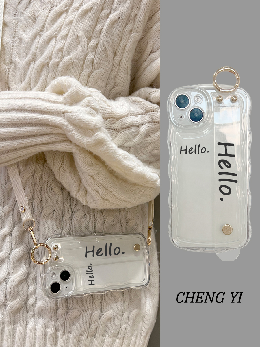 波浪纹11简约hello腕带12适用iphone14苹果15手机壳13斜挎绳XR华为P40nova8荣耀90vivoX60oppoReno5小米10女