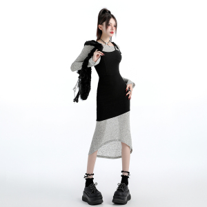 原创假两件中长针织连衣裙包臀裙女黑色修身不规则辣妹高级感长裙