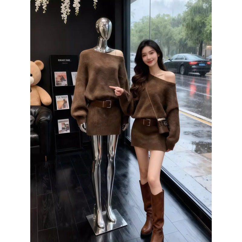 美拉德风棕色针织连衣裙女轻奢高级感腰带包臀裙气质斜肩毛衣短裙,女装/女士精品,毛衣,淘宝优惠券,粉丝福利购,淘宝优惠卷