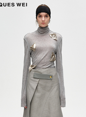 JACQUES WEI 设计师官方店2024AW秋冬新款灰色棕色手工缝花打底衫
