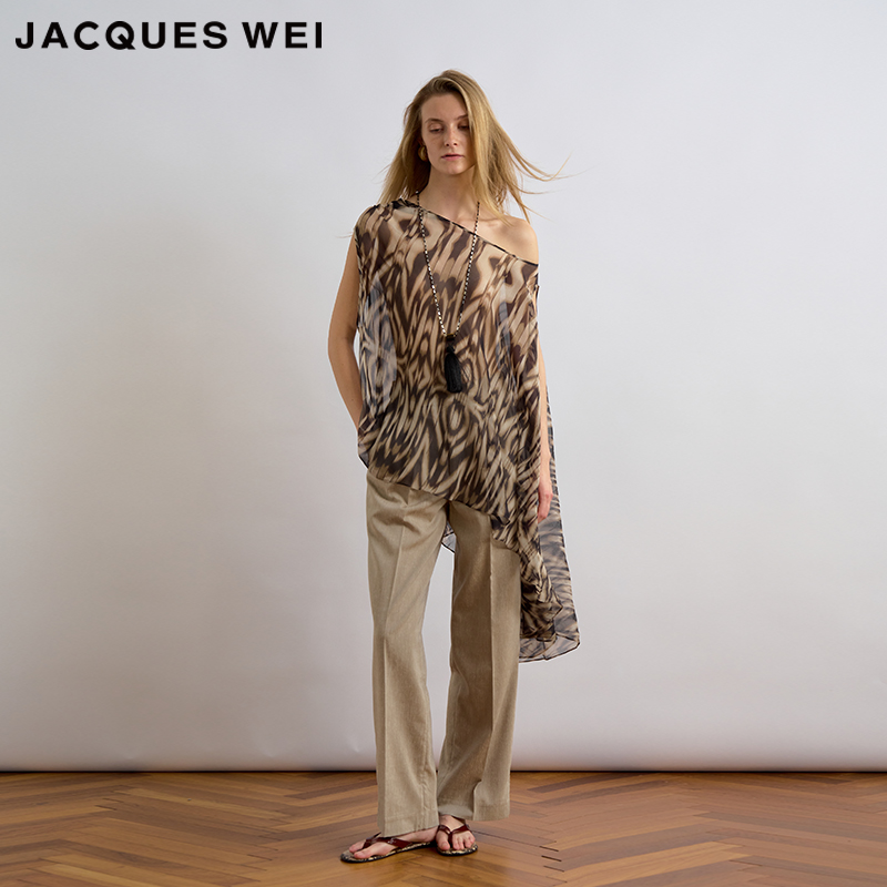 JACQUES WEI 2025夏季新款PF银标系列卡其色亚麻打褶休闲西裤子女