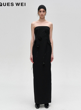 JACQUES WEI 设计师官方店2024AW秋冬黑色手工缝花抹胸裙连衣裙女