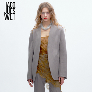 JACQUES WEI 2025新款浅咖极简高级感无领西装外套女宽松慵懒风