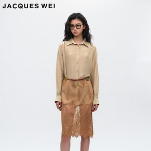 JACQUES WEI 2025春季新款百搭棕色蕾丝层次薄纱款透感半身裙