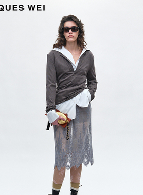 JACQUES WEI 2025春夏季新款压褶工艺小羊皮拼接灰色蕾丝透感半裙