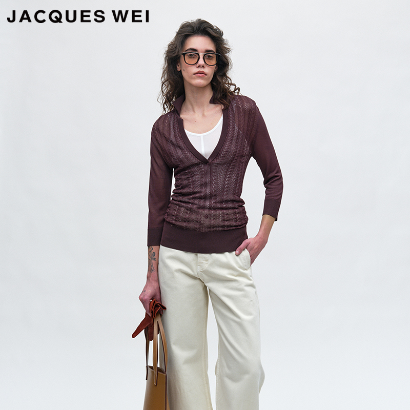 JACQUES WEI 2025春夏新款酒红色针织V领长袖打底中袖polo衫女装