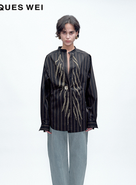 JACQUES WEI 2025秋冬系列新款黑色斑马纹刺绣立领衬衫上衣女