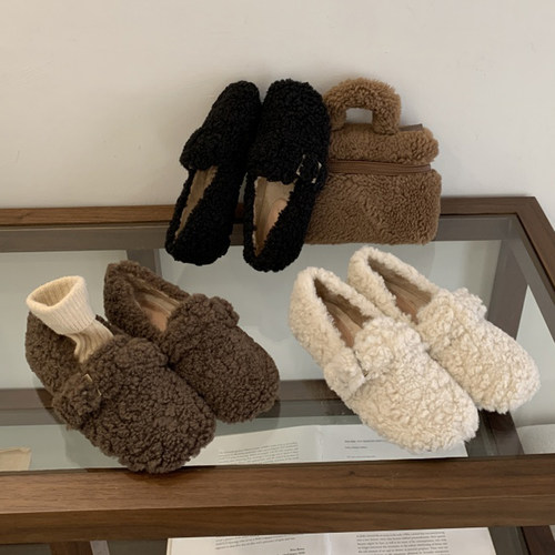 羊羔毛毛鞋女棉鞋豆豆鞋一脚蹬