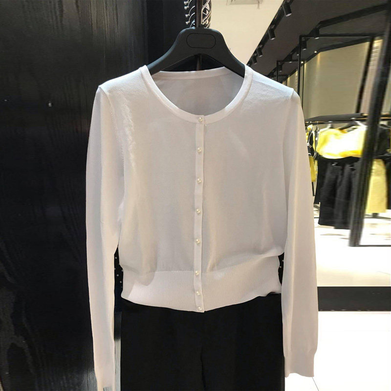 阿瑪施女装旗舰店官网2020新款修身珍珠扣冰丝针织衫百搭长袖上衣