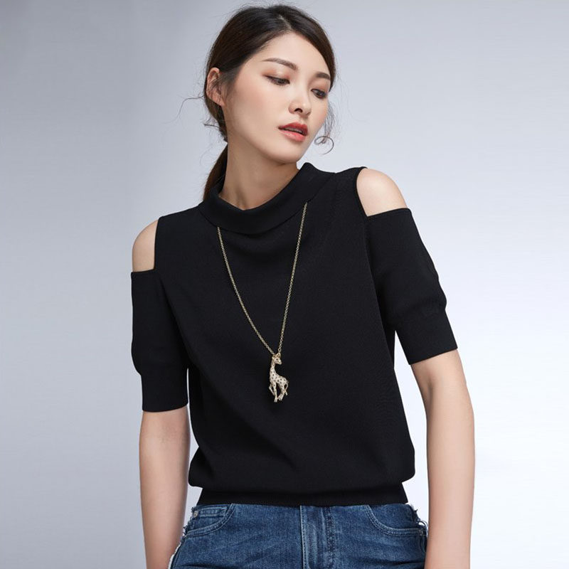 阿瑪施旗舰店女装2020夏装新款露肩翻领正反两穿套头针织衫女上衣