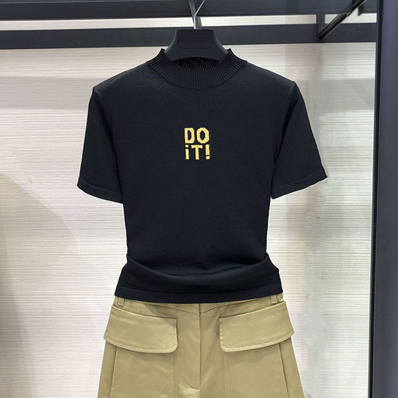 阿瑪施旗舰店官网2020夏新款半高领冰丝短袖打底针织衫T恤女上衣