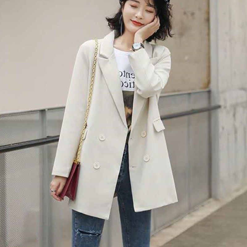 阿瑪施女装旗舰店官网2020秋新款时尚双排扣杏色西装气质职业外套